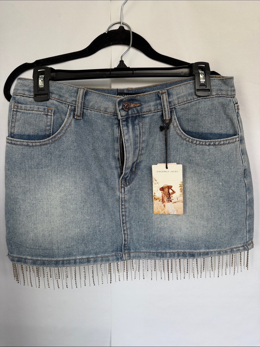 Sincerely Jules Light Blue Denim Mini Skirt with Silver Chain Fringe